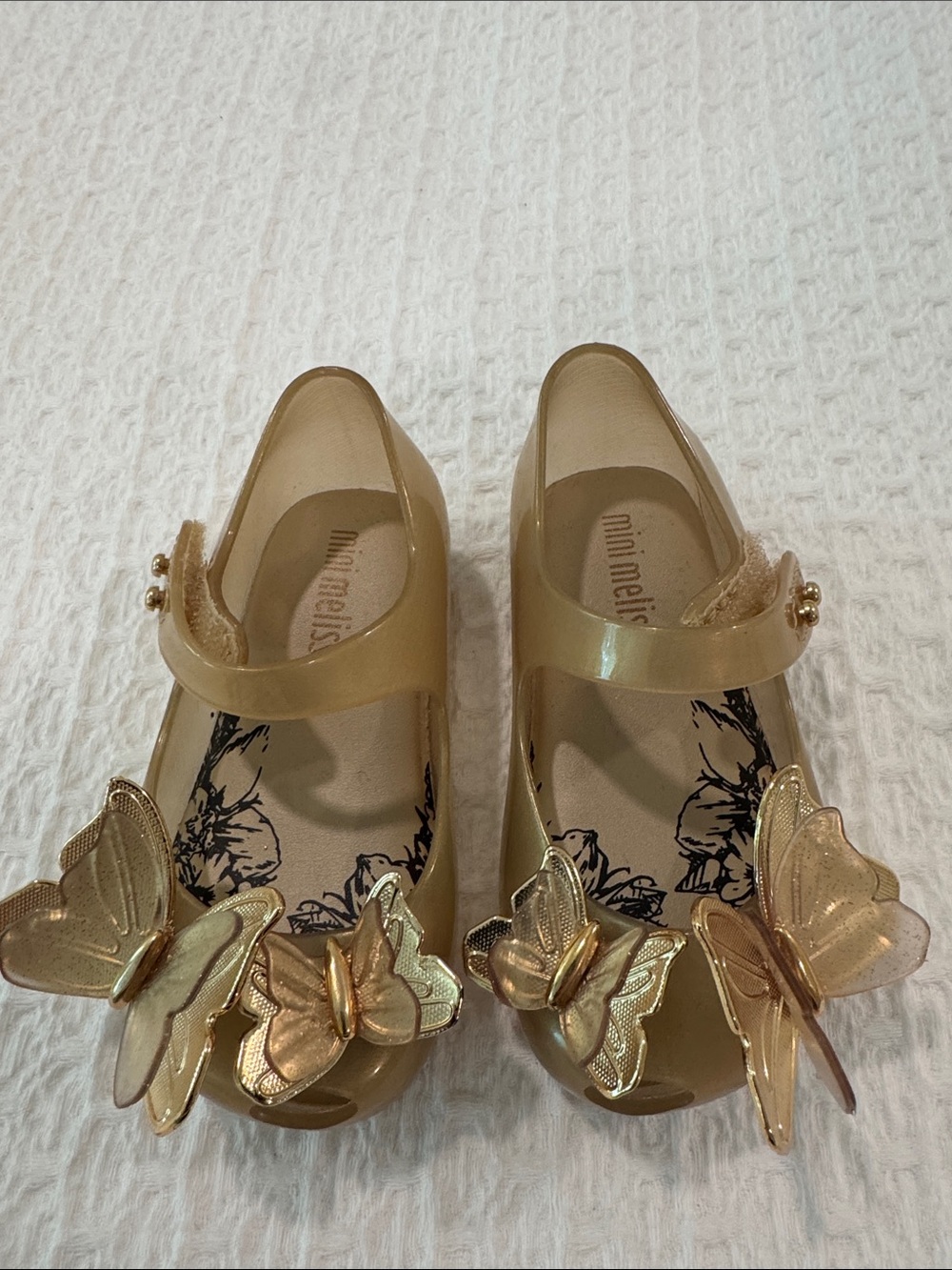 Mini Melissa Girls' Gold Glitter Jelly Mary Janes with Butterfly Accents